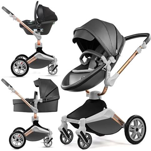 Hot Mom Kinderwagen set mit 360° Drehfunktion, Kombikinderwagen 3-in-1. Ausgestattet mit PU-Reifen und Kunstledersitz und viele weitere Zubehören, Dunkelgrau