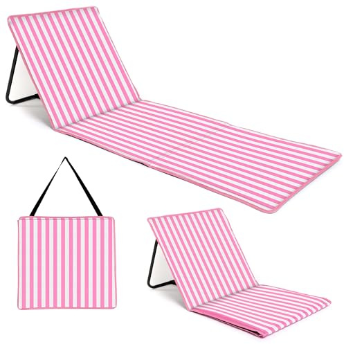 just be... - Tappetino da spiaggia pieghevole, leggero, portatile, regolabile, con schienale reclinabile e tasca portaoggetti, per vacanze, giardino, campeggio, parco e festival, righe rosa
