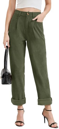 Alaster Queen Pantaloni da donna in corduroy con vita elastica, pantaloni da donna per uso casual da strada, verde, XL