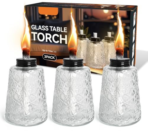 Paquete de 3 lámparas de aceite de cristal transparente, antorcha de mesa de citronela con 3 mechas para decoración de patio interior y exterior