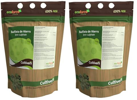 CULTIVERS Sulfato de Hierro Heptahidratado de 2x1 Kg múltiples uso Hogar y Jardín. Abono Natural para Plantas aporte de Hierro y Reduce de pH del suelo. Colorante para Hormigón efecto Rojizo, Oxidado