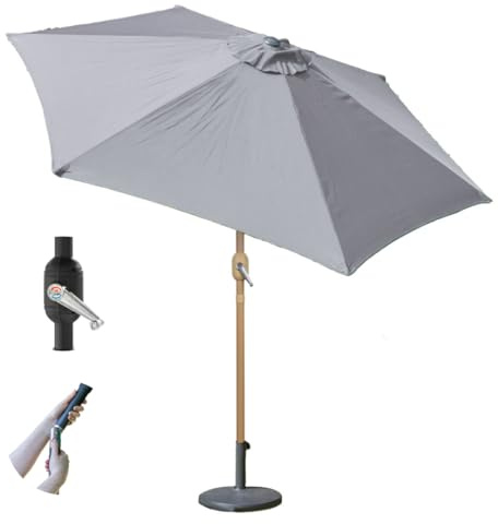 GardenKraft 2.7m Outdoor Garden Parasol Light Grey/Adjustable Tilt & Crank Mechanism/Steel Pole with Brown Wood Effect/UV 30 Protection/Durable