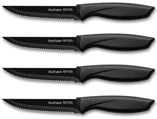 Ruffulon Steakmesser Set,4-teilig Extra Scharfe Küchenmesser Set,Edelstahl Steak Messer Set mit Wellenschliff,Robuster Kunststoffgriff Steakmesserset,Steakbesteck Messerset,Schwarz Küchen-Steakbesteck