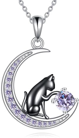 YAFEINI Halsband med svart katt, sterlingsilver, födelsestenshalsband, kattsmycke för kvinnor, Medium, Sterlingsilver, Ingen ädelsten