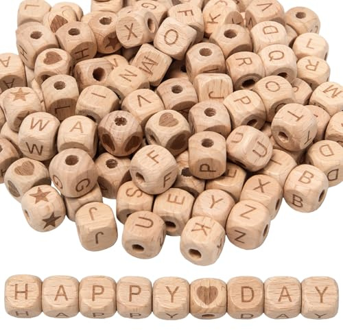 116 Stück Holzbuchstaben Perlen Set 12 mm Buchstabenperlen Eckig Holz A-Z Alphabet Hochwertige Holzperlen Natür Mit Buchstaben Zum Auffädeln Herz-Sterne Holzperlen für Armbänder Halsketten DIY Basteln