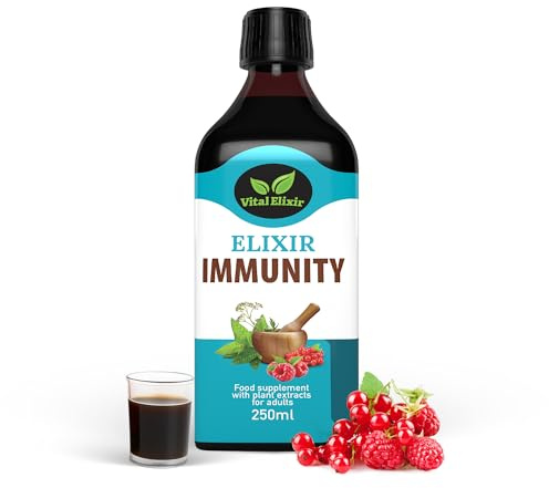 Elixir Immunity Herbal Liquid Vitamins Supplement - Black Elderberry, Vitamin C, B12, Cardamom & Calendula - Immune Support, Energy & Digestive Comfort - Vegan, Natural Fruit Flavour, 250ml