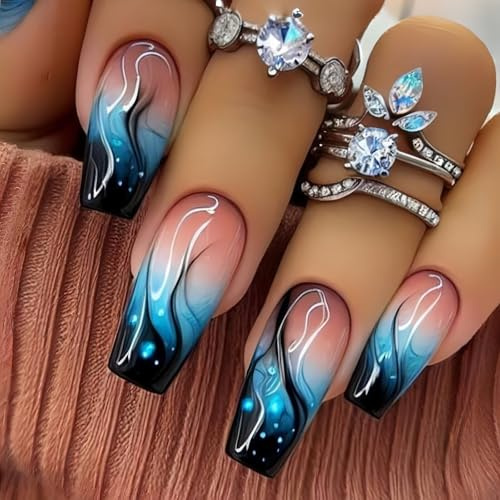 RUNRAYAY Ongles à coller carrés bleus, ongles autocollants motif fleur, halo, flamme, faux ongles d'été, kit de faux ongles en acrylique réutilisables pour femmes