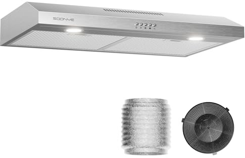 Soonye Under Cabinet Range Hood 30 inch, 250 CFM Exhaust Fan with 3-Speed Control, Stainless Steel, 5-Layers Reusable Aluminum Filter, Convertible Ducted/Ductless, LED Lights and Carbon Filters