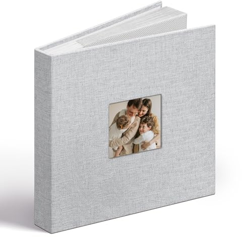 Vienrose Álbum de Fotos Lino 6x4 48 Fotos con Ventana en Portada, Bolsillos Ácido-Free, Álbum de Recuerdos con Espacios para Notas, Regalo para Bodas, Familia, Bebé, Aniversario (Gris)