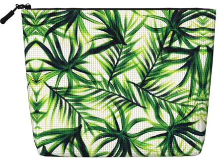 Palm Tree Green Leaves Travel Toiletry Bag for Women, Fake Hemp Cosmetic Organizer Large Capacity Zippered Daily Pouch