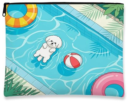 Bichon Frise Dog Makeup Bag, Cute Pool Lifebuoys Tropical Cosmetic Travel Pouch for Women Girls, Portable Small Canvas Zipper Organizer, Pet Toiletry Bag 7x9 Inch