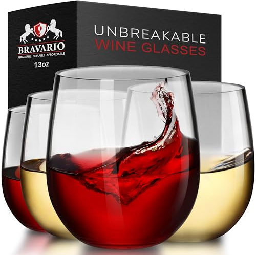 Bravario - Set di 4 bicchieri da vino infrangibili, senza stelo, in plastica Tritan, infrangibili, senza stelo