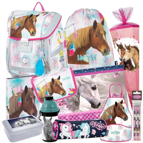 Pferd Horses Pony 14 Teile SCHULRANZEN Set Ranzen SCHULTÜTE 85 cm TORNISTER mit Sticker-von-Kids4shop Federmappe Schultasche