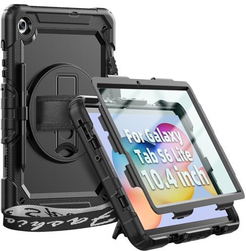 Timecity für Samsung Galaxy Tab S6 Lite Hülle 10,4 Zoll 2024/2022/2020 | Für Galaxy Tab s6 Lite, Tab s6 Lite Hülle mit Bildschirmschutz, Ständer/ Handschlaufe/ Stifthalter/ Schulterriemen - Schwarz