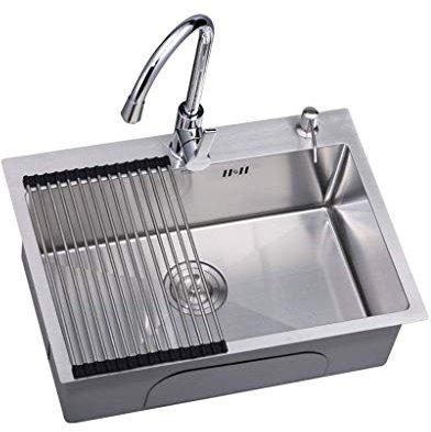 MHBGX Basin 304 Stainless Steel Kitchen Sink Counter Top 1 Bowl Basin Drain Set 600Mm X 450Mm