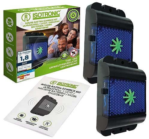 ISOTRONIC Repellente a ultrasuoni per roditori, set da 2 pezzi, funzionamento a batteria per interni ed esterni, contro topi, ratti, martore, dormienti, volpi e procioni, con luce LED blu
