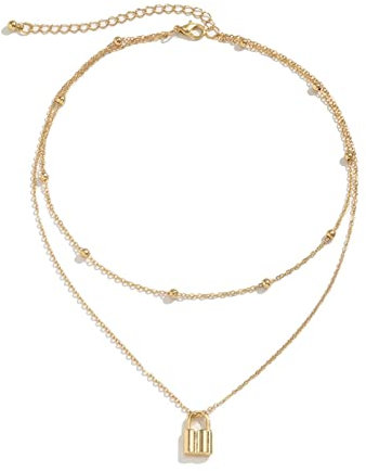 Stfery Lock Necklace for Women, Tiered Necklace Gold Plated Simple Ball Chain Jewelry for Her Adjustable
