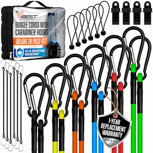VBEST Carabiner Bungee Cords with Hooks - Heavy Duty Outdoor 28 Pack Assortment Includes 4 Free Tarp Clips, Canopy Ties, Bunnies Ball & Storage Bag