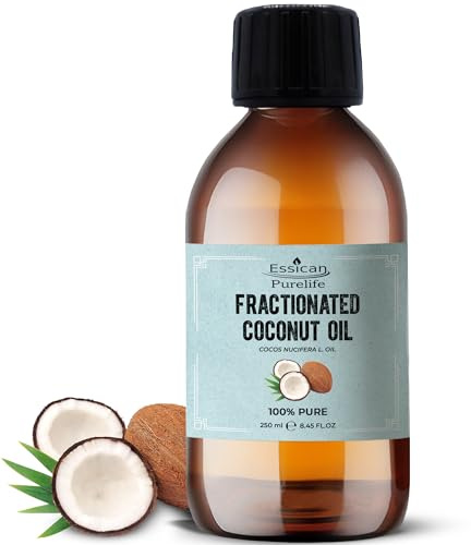 Essican Purelife Olio di Cocco Liquido Puro 250ml, Olio di Cocco Frazionato MCT per Pelle, Capelli e Labbra, Vettore per Oli Essenziali e Massaggi, Favorisce la Crescita dei Capelli e Pelle Idratata