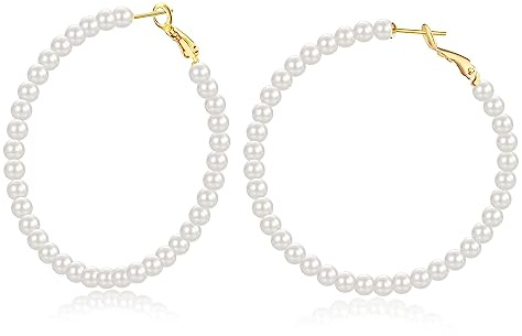 Perlenohrringe Creolen Silber 925 | 18k Vergoldet Perlen Ohrringe für Damen Frauen Mädchen (20mm/30mm/40mm/50mm)
