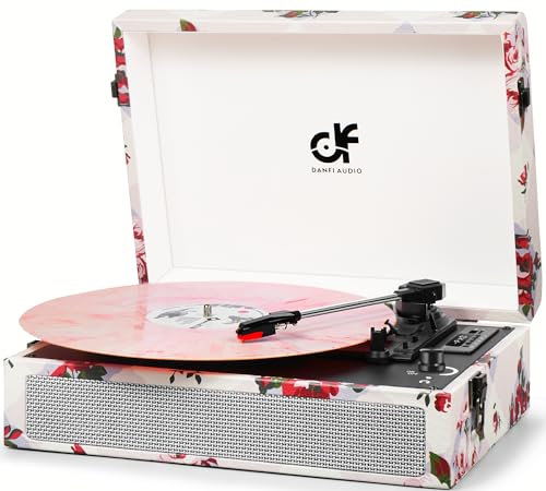 DANFI - Giradischi Bluetooth floreale con altoparlanti integrati, registrazione USB, giradischi vintage portatile a 3 velocità