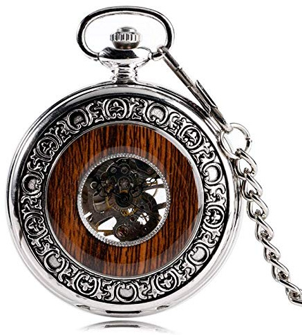 Cooles Silber Handaufzug SteamWindup Mechanische Taschenuhr Holz Stil Kreis Vintage Stilvolle Taschenuhr mit speziellem Design