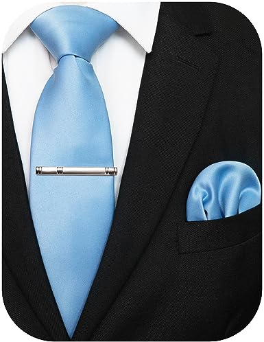 JEMYGINS Herren Krawatte mit Matte Oberfläche inklusive Einstecktuch und Krawattenklammer Set in verschiedenen Farben,hellblau