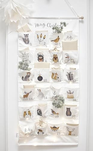 Adventskalender zum Befüllen, Kinder, Stoff, Alternative zu Tüten, groß xxl, Holz, Idee für Weihnachten 2025, hängend, Wandkalender, Wandteppich, wiederverwendbar, für Mädchen Jungs [Weiß]