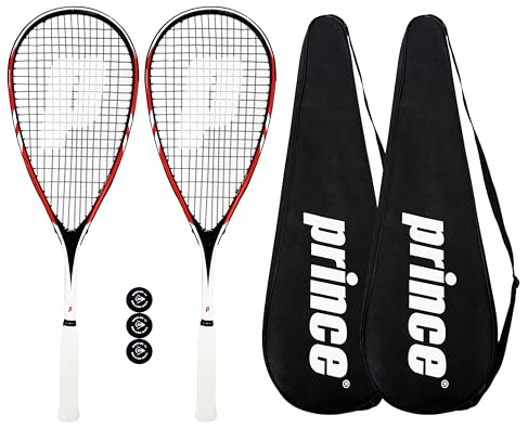 Prince Team 400 & 450 Squashschläger Twin Set Serie, inkl. schützenden Squashschlägerabdeckungen in voller Länge und 3 Squashbällen (Team Warrior 450)