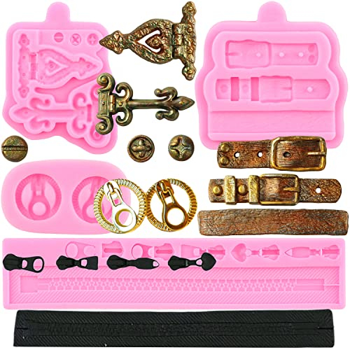 RFGHAC Belt Hinge Screws Silicone Moulds Clothes Zipper Chain Fondant Mould for Cake Decorating Candy Chocolate Gum Paste Polymer Clay Set of 4