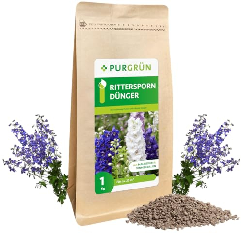 Purgrün® Rittersporn-Dünger 1 Liter – Organisch-mineralische Rezeptur – Feinkörniges Krümelgranulat – NPK 5+4+6 – Extra Magnesium für opulente Blüten – Verbessert die Bodenqualität