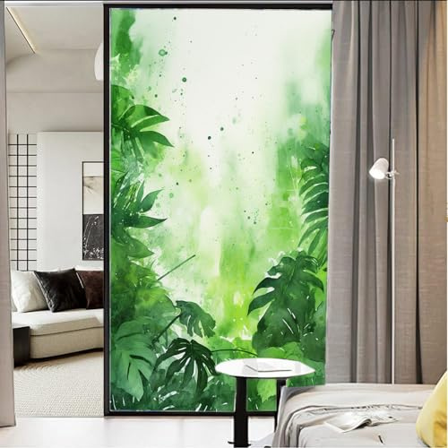 AEMYSKA Fensterfolie, Motiv: grüne Blätter, Sonnenschutz, moderne natürliche Pflanzen, tropische Landschaft, Buntglas-Fensterfolie, selbstklebend, dekorative Fensterfolie für Fenster und Glastür, 70 x