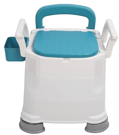 Siège de Toilette Portable pour Soins aux Personnes âgées, Poignée élargie, Réglage de la Hauteur, Chaise Percée de Chevet avec Sac Poubelle pour Personnes âgées, Bleu 49 X 44 X