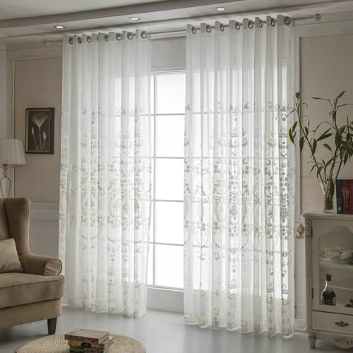 Bishilin Vorhänge mit Ösen Halbtransparent, Gardinen Weiß Baumwolle 2er Set Nordisch mit Jacquard Wohnzimmer Küche Gardinen Lichtdurchlässig 132x229CM