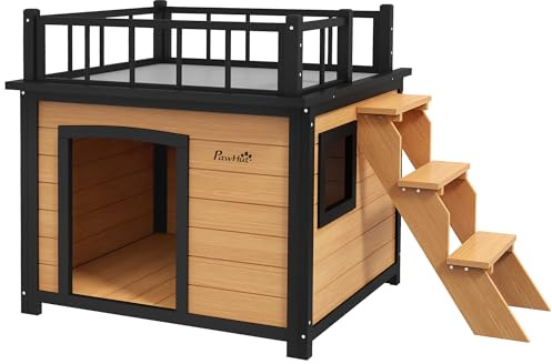 PawHut Niche pour chien Maison pour chien avec balcon, maison surélevée pour petits animaux avec escalier, fenêtre, niche pour petits chiens, bois de sapin, jaune, 121 x 77 x 78 cm
