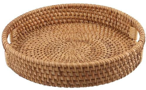 TAICHEUT Rund rottingvävd serveringsbricka, 30 cm dekorativ bricka med handtag, bordsförvaringsbricka för mellanmål, godis, frukt, bröd, tekopp