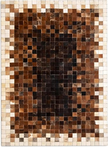 RUG MOSAIC 100% Genuine Leather Cowhide Patchwork Area Rug, Cow Skin Soft Hair Suede Carpet, Real Leather Natural Pattern, Color: Brown and Beige (5X8 ft)