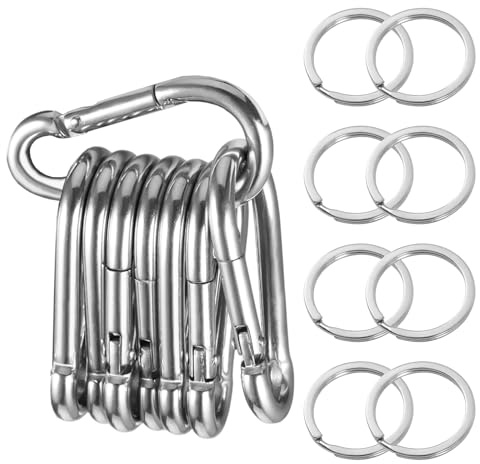DHFUCNKO 8 stycken M5-karbinhakar 304 rostfritt stål med 8 premium karbinhakar, snäppstängning, karbinhakar, silverkrok, nyckelring för alla draghjälpmedel och handtag med ögla