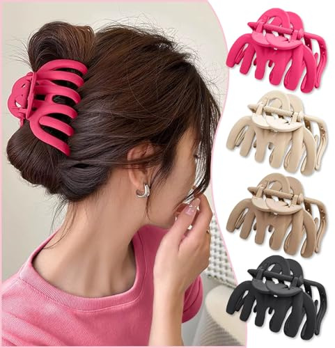 Haarklammer Groß Dickes Haar, 4 Stück 9.5cm Haarspangen | Mädchen Rutschfestes, Claw Clip, Haarstyling Zubehör für Frauen Damen Haar Klammern Set, Rosarot Schwarz Khaki & Kaffeebraun
