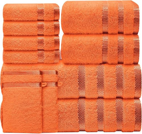 BLOOM BLENDS Juego de toallas supersuaves de 10 piezas, absorbente de 550 g/m², 100% algodón, 2 toallas de baño, 2 manos, 4 cara, 2 guantes, juego de baño de lujo y de secado rápido (color naranja