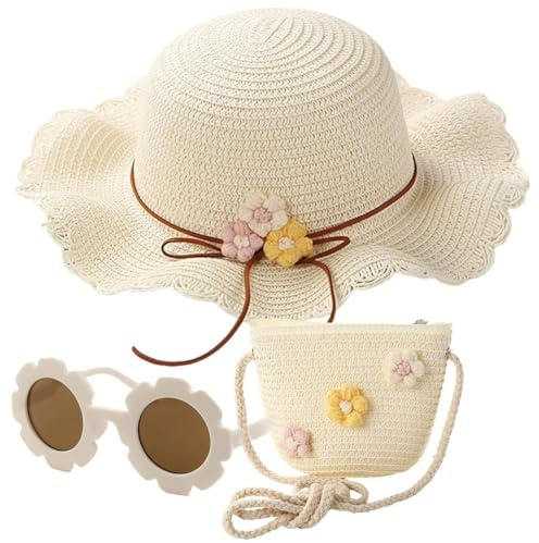Cappello di Paglia,Occhiali da Sole per Bambini con Girasole, Mini Borsa di Paglia 3pcs Bambini Beach Sun Hat Set Protezione Solare Accessori per Vacanze attività All'Aperto