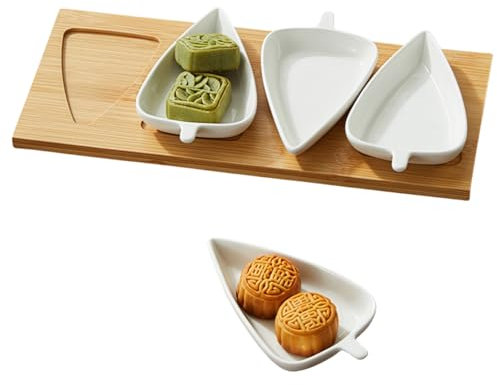 MEETOZ Ceramic Condiment Appetizer Set, Dip Set Snack Bowl, Serving Platters, with Wooden Tray Perfect for Chips and Dip, Veggies, Candy and Snacks, Fruits, appetizers（Leaf-Shaped