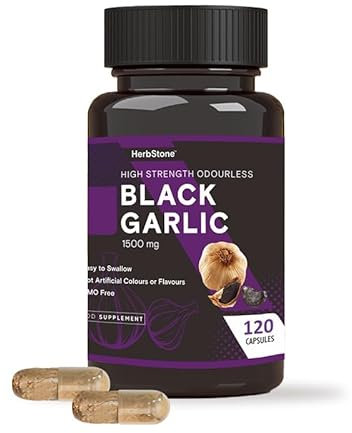 Ultra Strong HERBSTONE 120 High Strength Black Garlic Capsules | Black Garlic Capsule for Adults | 1500mg per Capsule | Vegetarian Supplement.