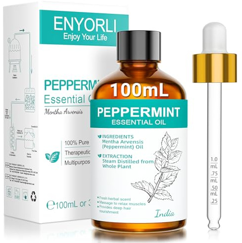 ENYORLI Olio Essenziale di Menta Piperita 100ml Naturale per la Cura della pelle l'aromaterapia il Massaggio e l'aromaterapia Contagocce a Volume Controllato Incluso