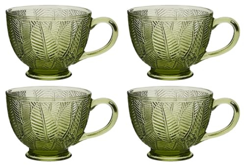 Glass Coffee Mugs Embossed Footed Teacups Leaf Embossed Glasses 400ml (4) | Kitchen Gift, Tea Mug, Coffee Cup, Green, Dishwasher Safe, Hot Chocolate, Mulled Wine, Handles