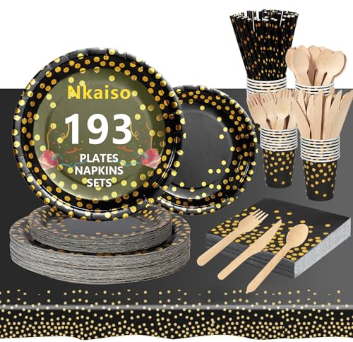 Nkaiso 193 Pcs Noir Or Vaisselle Jetable Anniversaire -24 invités | Vaisselle Party Inclut Assiette Carton Jetable, Gobelets, Serviettes, Couverts pour Mariage, Anniversaire, Cérémonie
