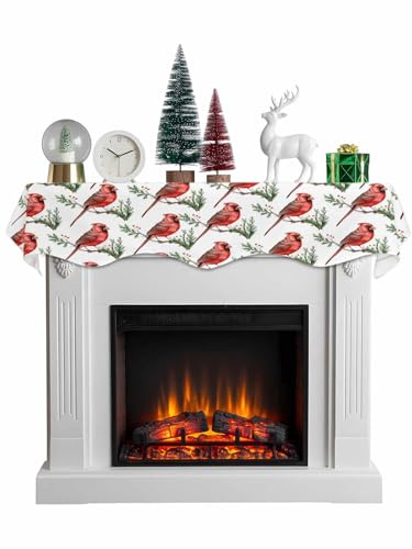 Christmas Red Birds Fireplace Scarf Mantle/Table Cloth Cover 60x17 Inch, Xmas Pine Needles Winter Holiday Indoor Winter Cloths Mantle Scarves Table Covers for Living Room, Window, Dressing Tables