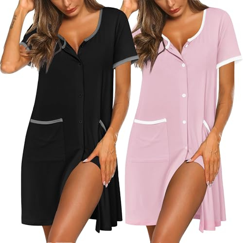 Ekouaer Camicia da Notte Donna con Bottoni Premaman Allattamento Manica Corta Leggera Morbida 2 Pezzi, Nero+Rosa, S