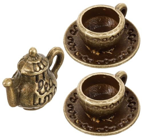 WEKAMOS Juego de Té en Miniatura para Casa de Muñecas Tetera y Pequeñas Tazas de Té de Metal en Miniatura Color Cobre Accesorio Decorativo para Micropaisajes y Bricolaje Modelo
