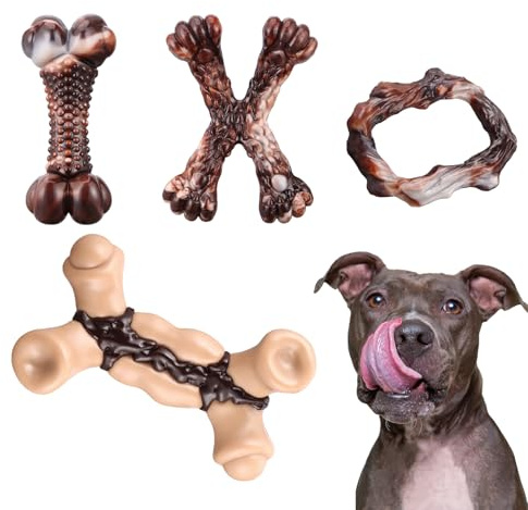 AGGERDOT Dog Toys 4 Pack: Indestructible Dog Toys for Aggressive Chewers, Tough Nylon Dog Chew Toys for Medium & Large Dogs, Bacon Flavour Durable Dog Bones, Long Lasting Dog Toys for Boredom